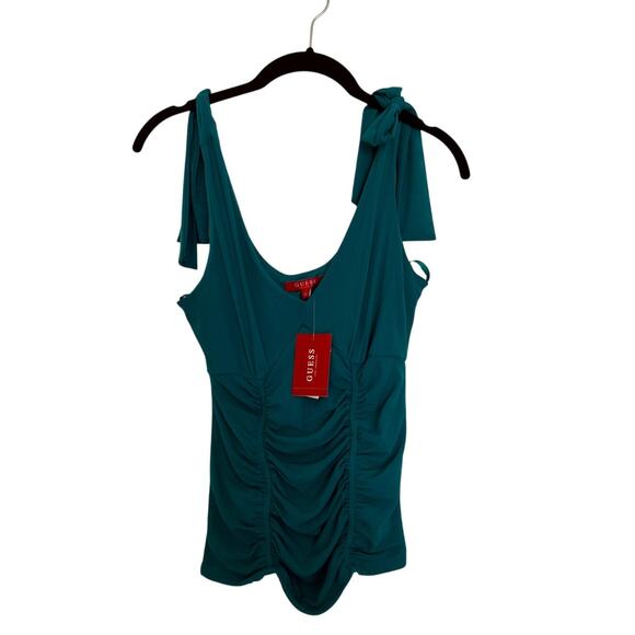 Guess Claire Womens Tank Top Green Mesh Ruched Sleeveless V-Neck Y2K XS NWT - Picture 1 of 6